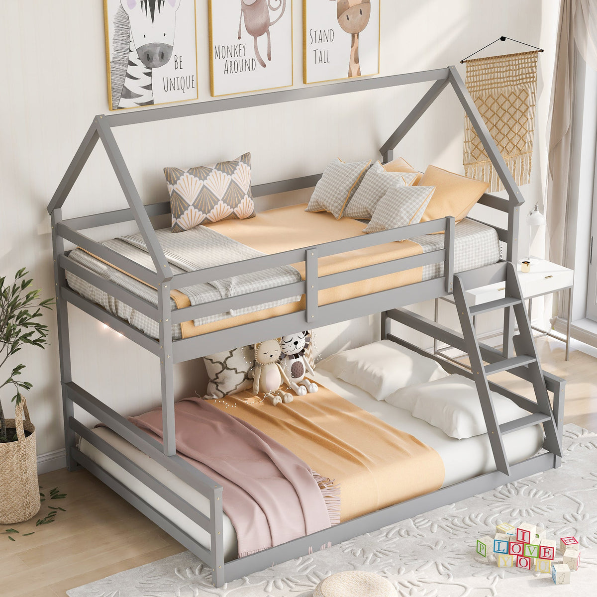 Gray Twin Over Full Bunk Bed with Ladder and Guardrails