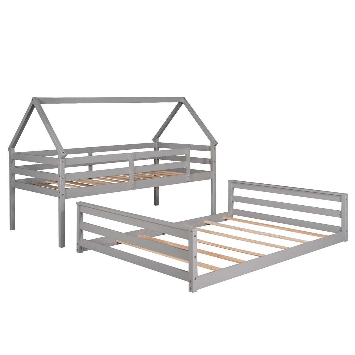 Gray Twin Over Full Bunk Bed with Ladder and Guardrails