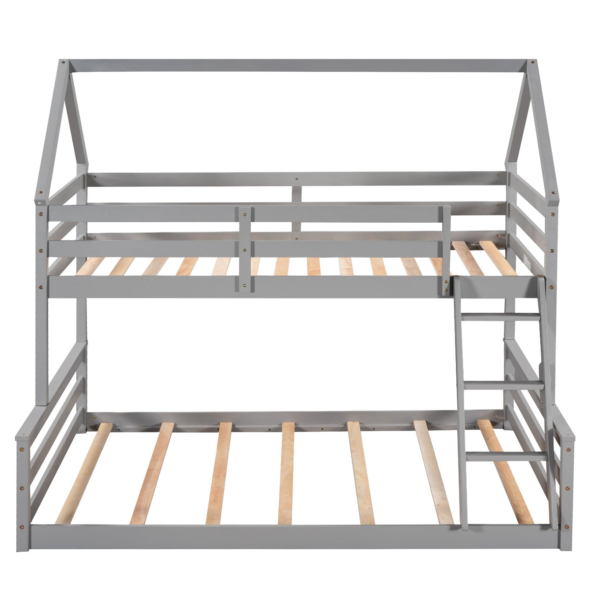 Gray Twin Over Full Bunk Bed with Ladder and Guardrails