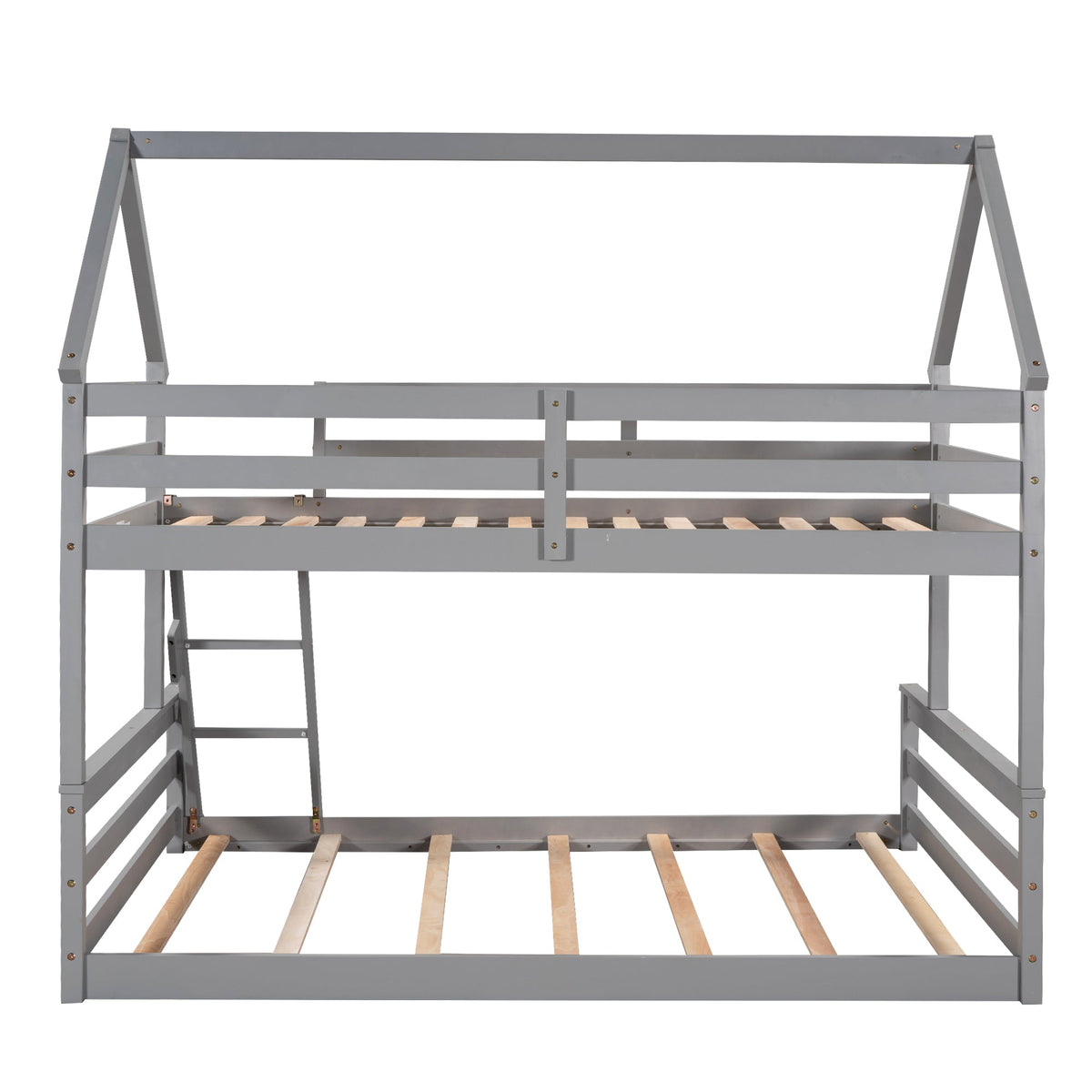 Gray Twin Over Full Bunk Bed with Ladder and Guardrails