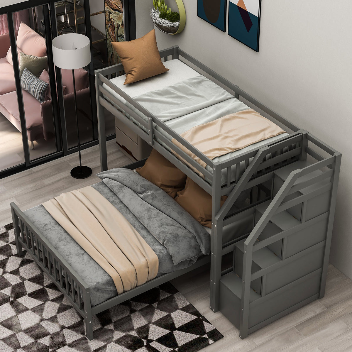 Twin Over Full Loft Bed with Drawer Staircase in Gray