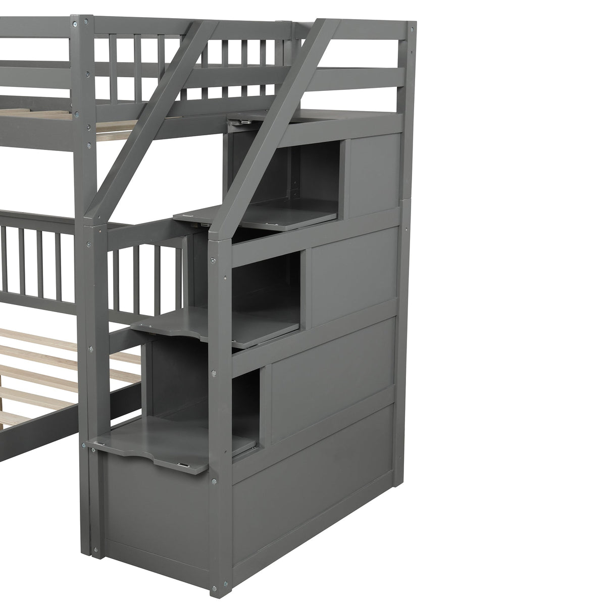 Twin Over Full Loft Bed with Drawer Staircase in Gray
