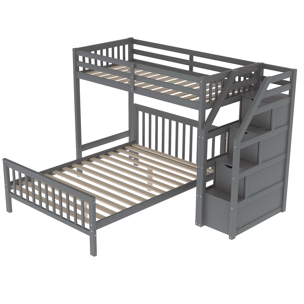 Twin Over Full Loft Bed with Drawer Staircase in Gray