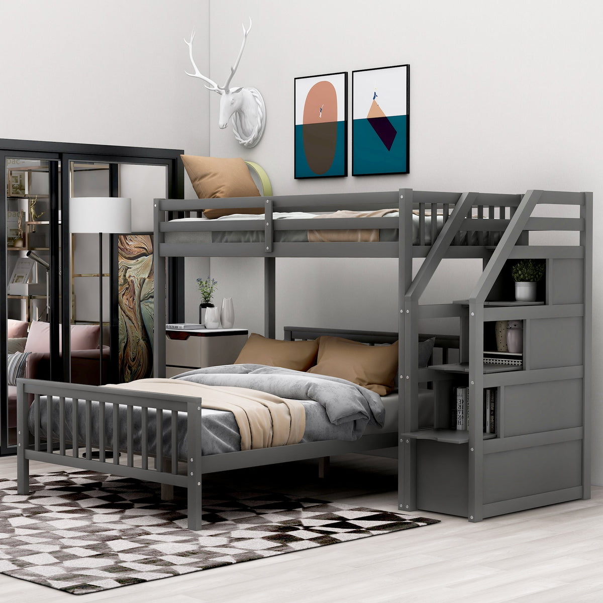 Twin Over Full Loft Bed with Drawer Staircase in Gray