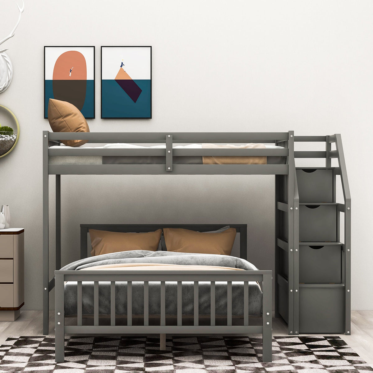 Twin Over Full Loft Bed with Drawer Staircase in Gray