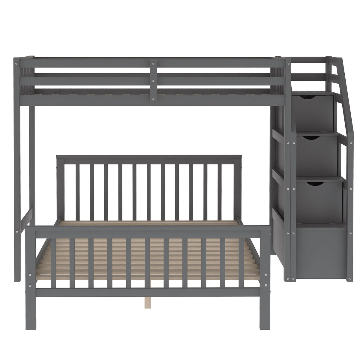 Twin Over Full Loft Bed with Drawer Staircase in Gray
