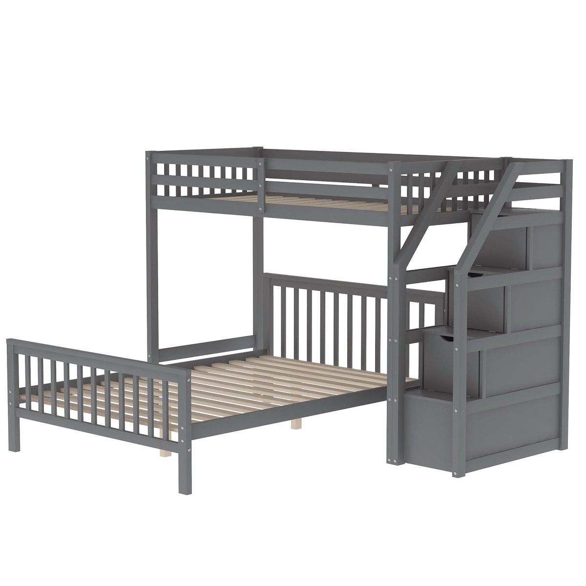 Twin Over Full Loft Bed with Drawer Staircase in Gray