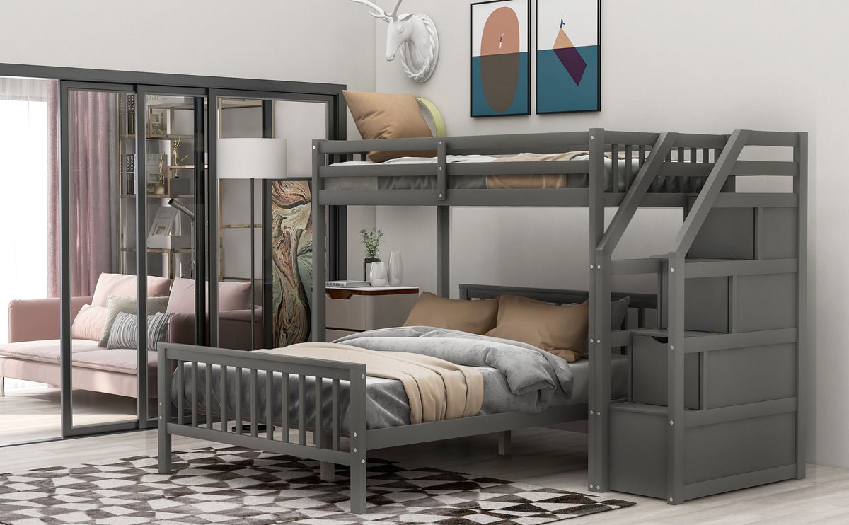 Twin Over Full Loft Bed with Drawer Staircase in Gray