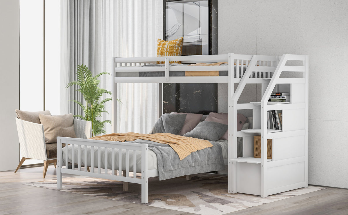 Twin Over Full Loft Bed with Storage Staircase, White
