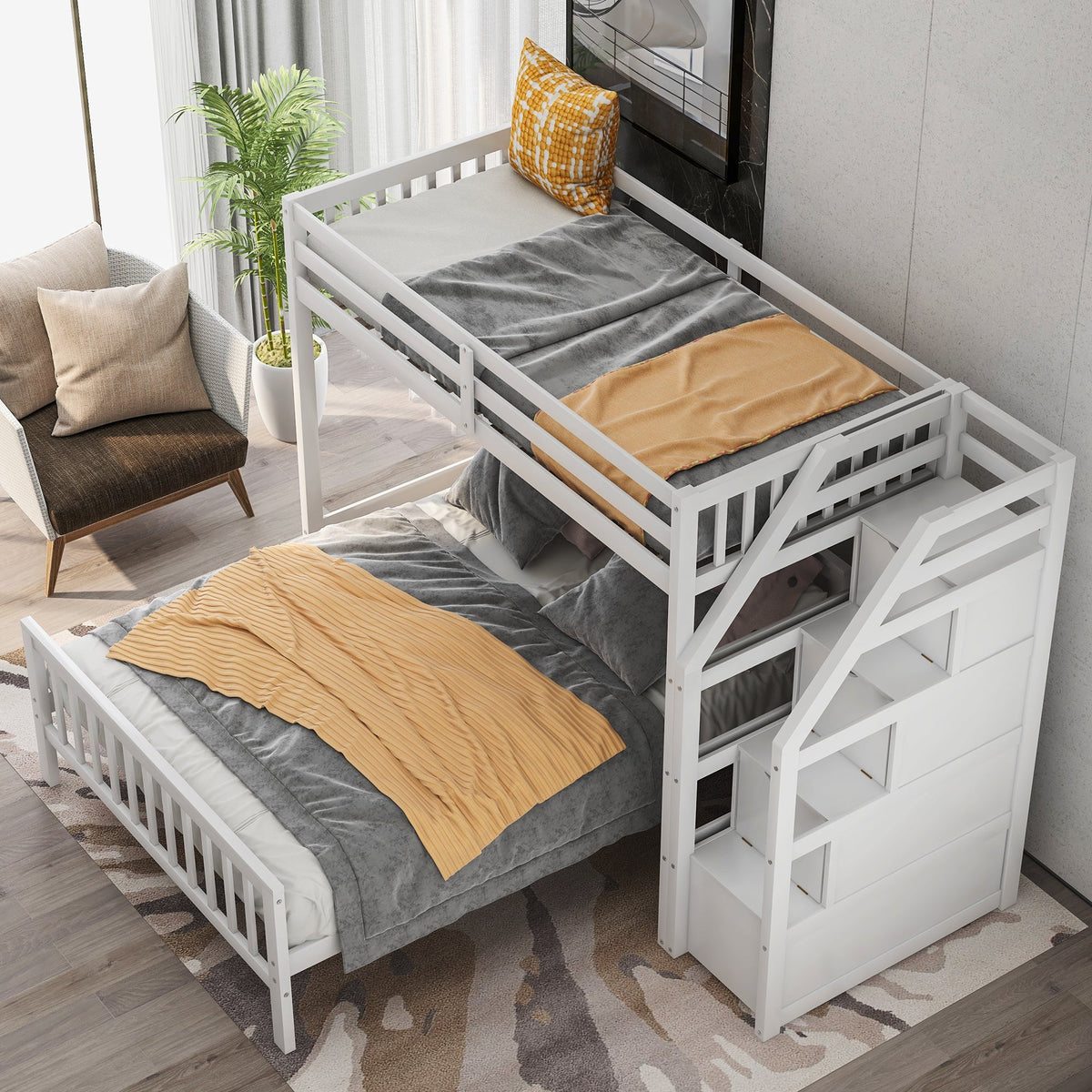 Twin Over Full Loft Bed with Storage Staircase, White