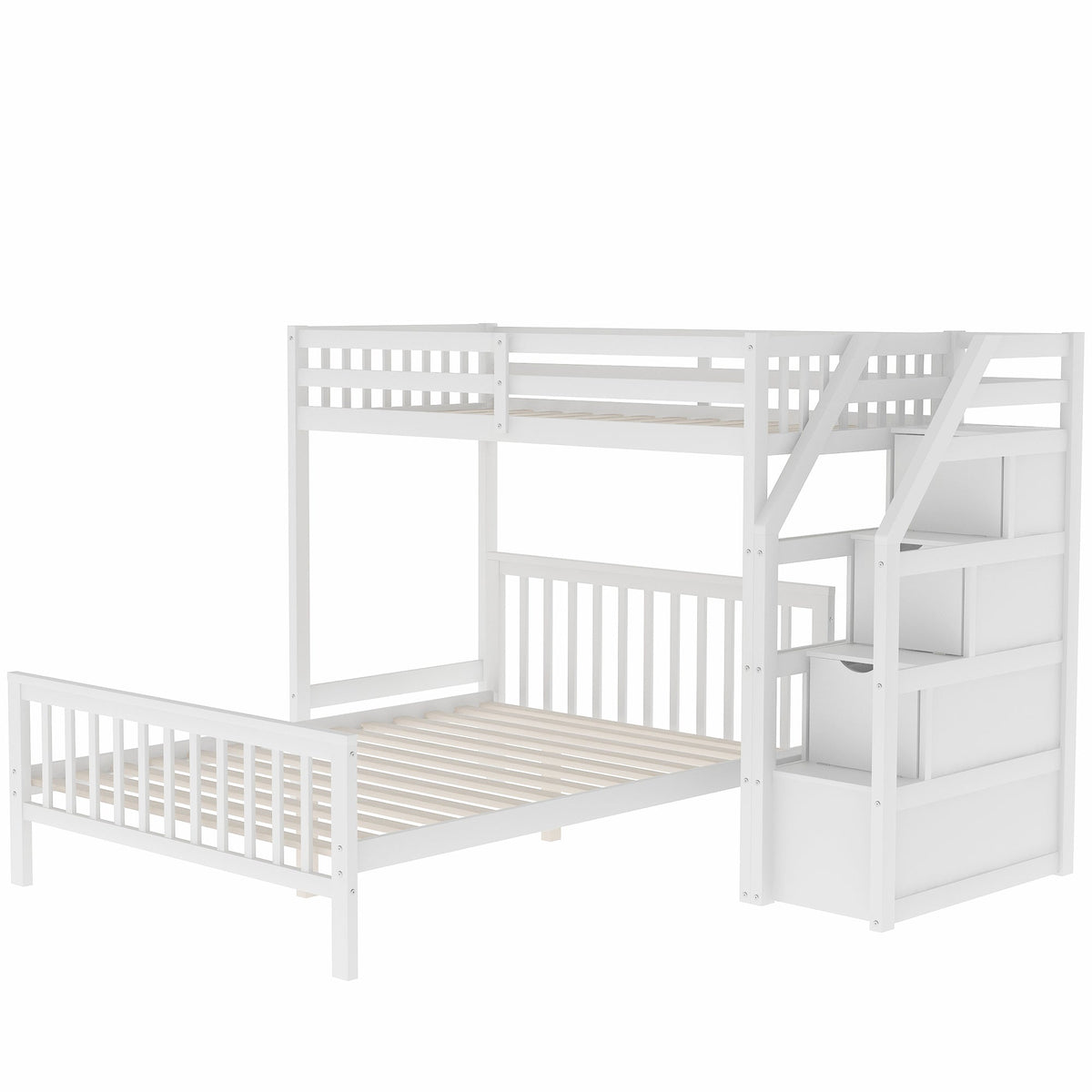 Twin Over Full Loft Bed with Storage Staircase, White