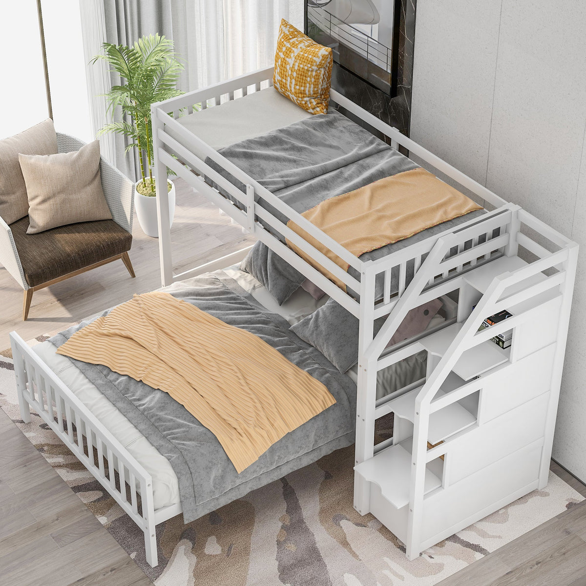 Twin Over Full Loft Bed with Storage Staircase, White