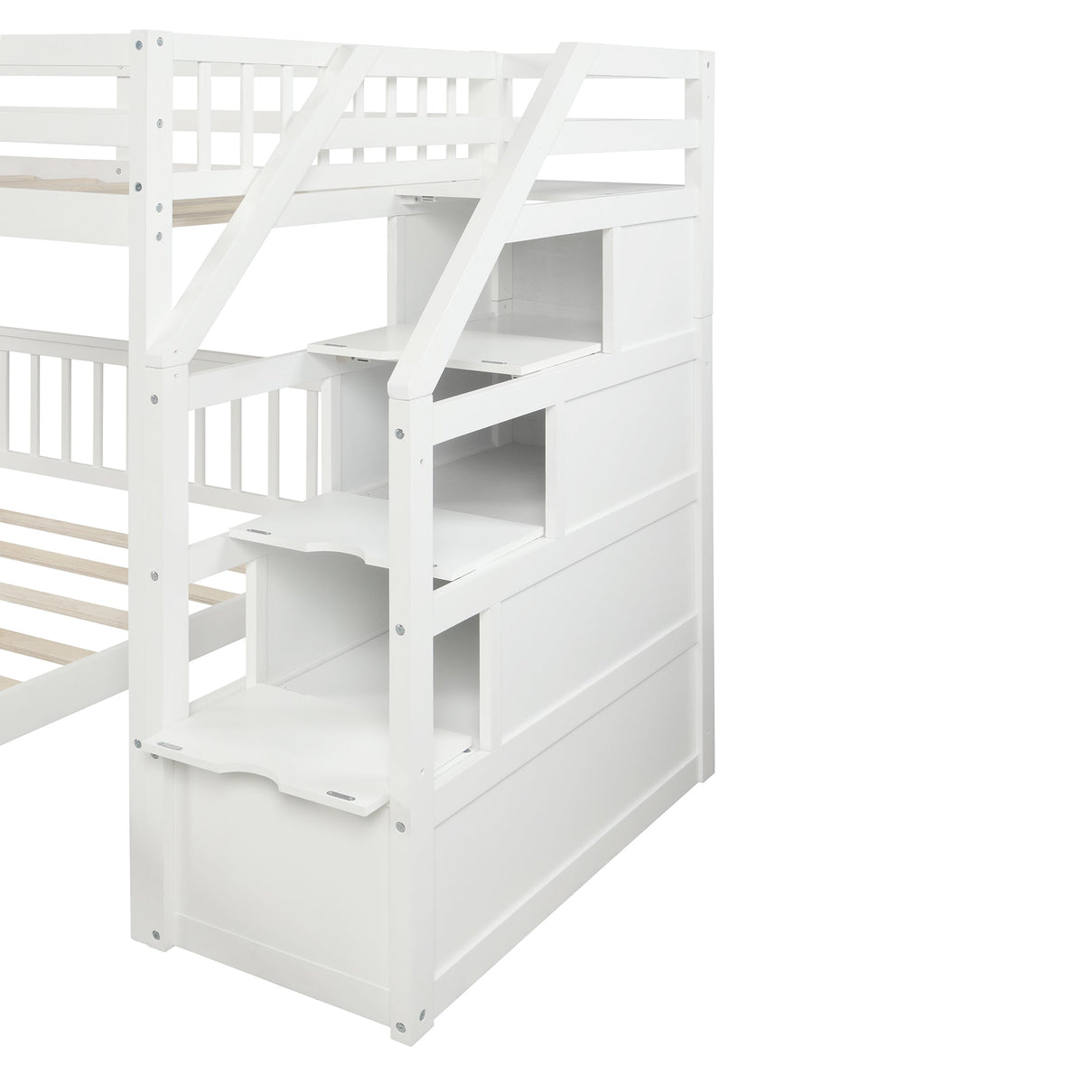 Twin Over Full Loft Bed with Storage Staircase, White