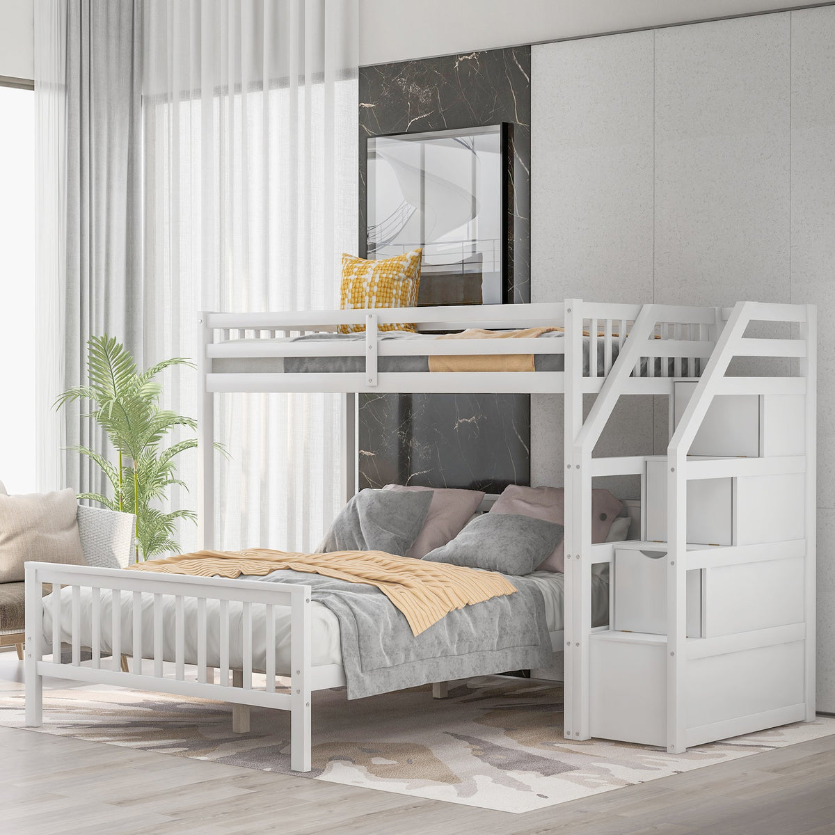 Twin Over Full Loft Bed with Storage Staircase, White