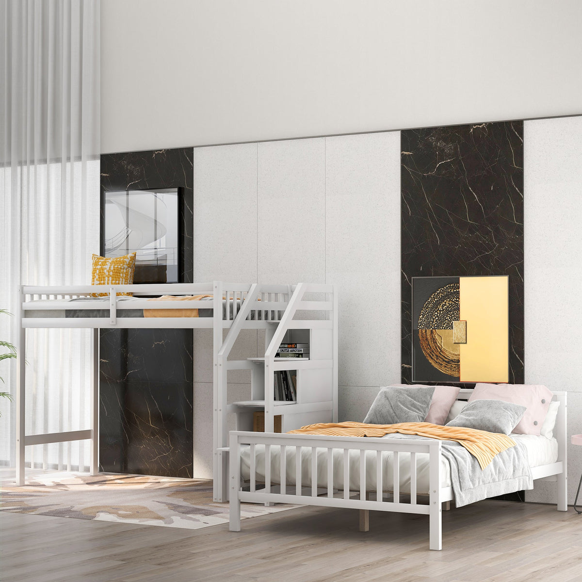 Twin Over Full Loft Bed with Storage Staircase, White