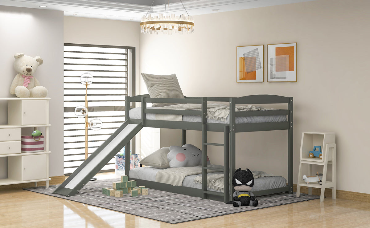 Gray Twin Over Twin Bunk Bed With Slide and Ladder