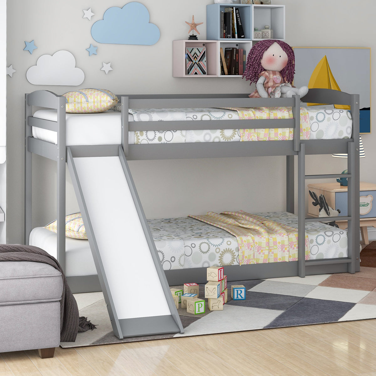 Gray Twin Over Twin Bunk Bed With Slide and Ladder