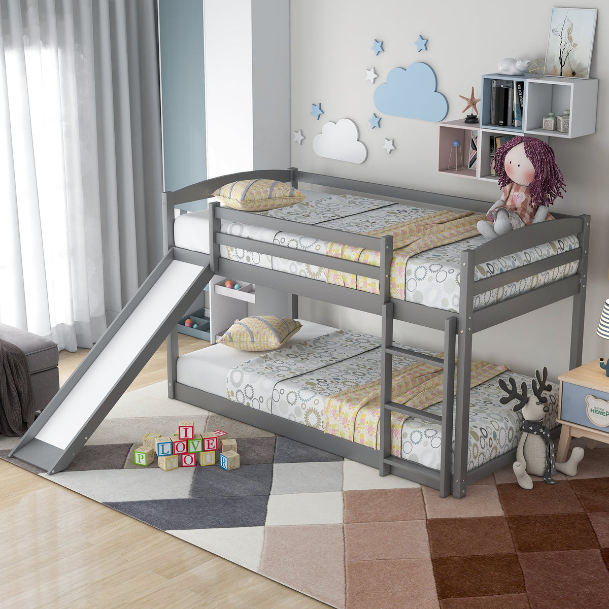 Gray Twin Over Twin Bunk Bed With Slide and Ladder