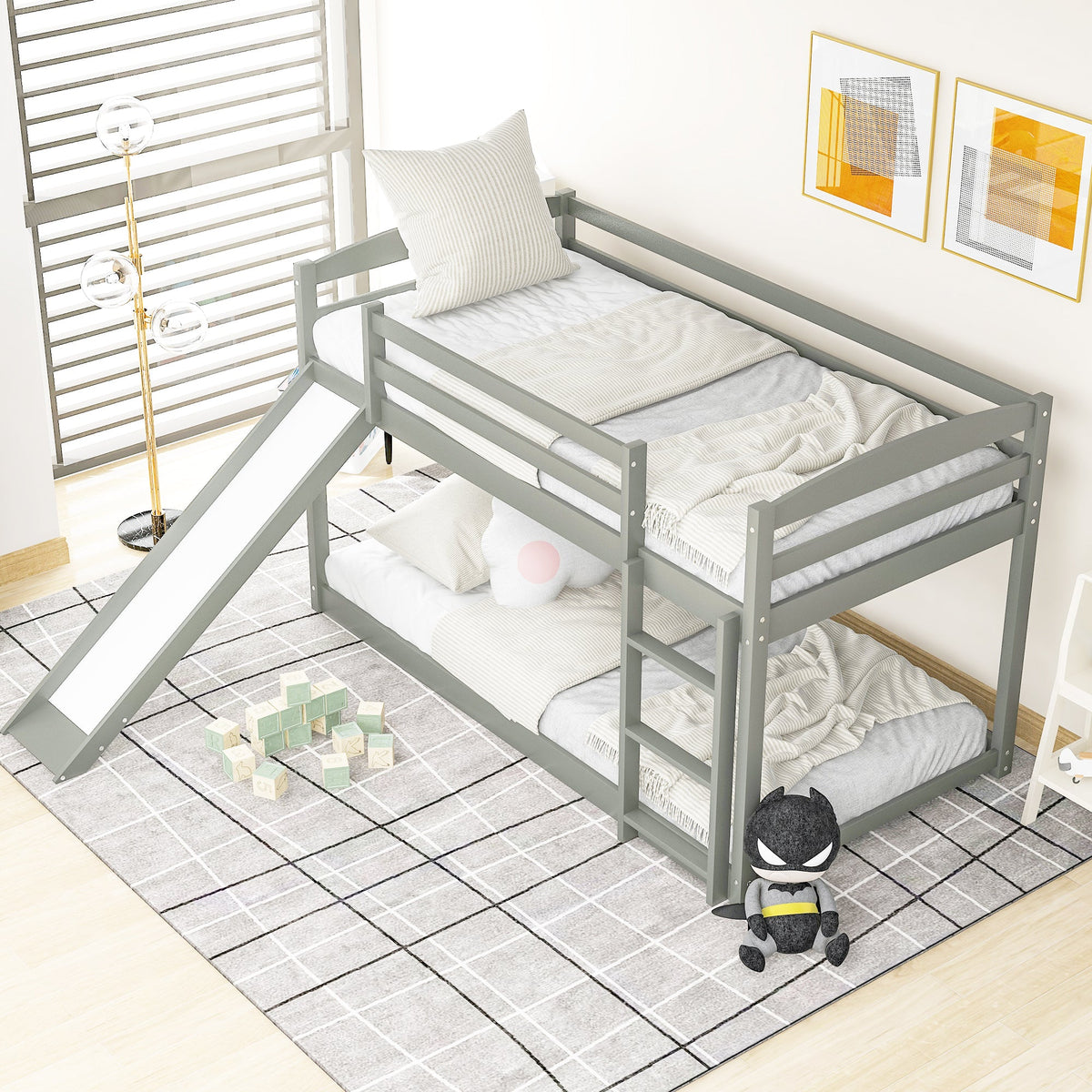 Gray Twin Over Twin Bunk Bed With Slide and Ladder