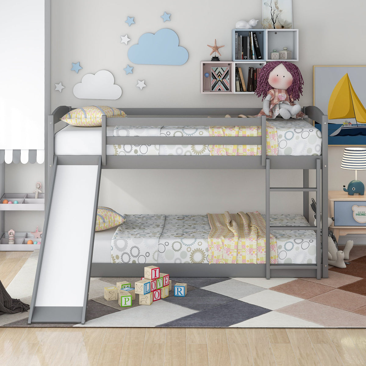 Gray Twin Over Twin Bunk Bed With Slide and Ladder