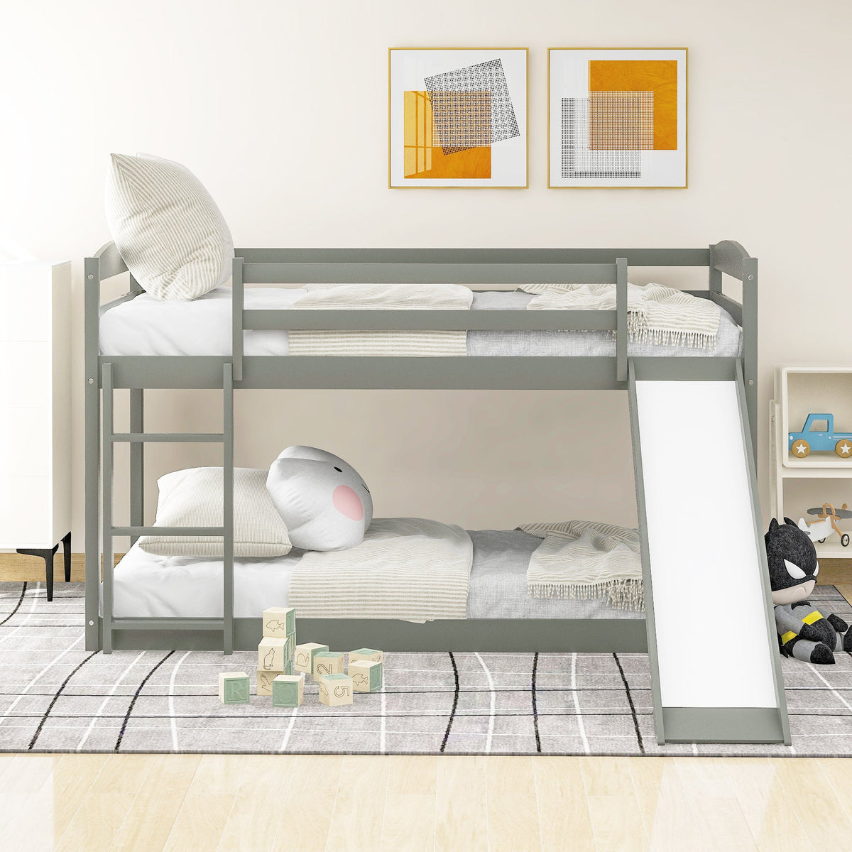 Gray Twin Over Twin Bunk Bed With Slide and Ladder