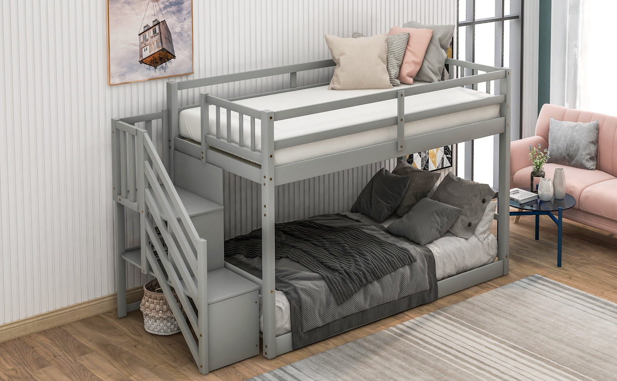 Twin Over Twin Bunk Bed With Storage Stairs, Gray