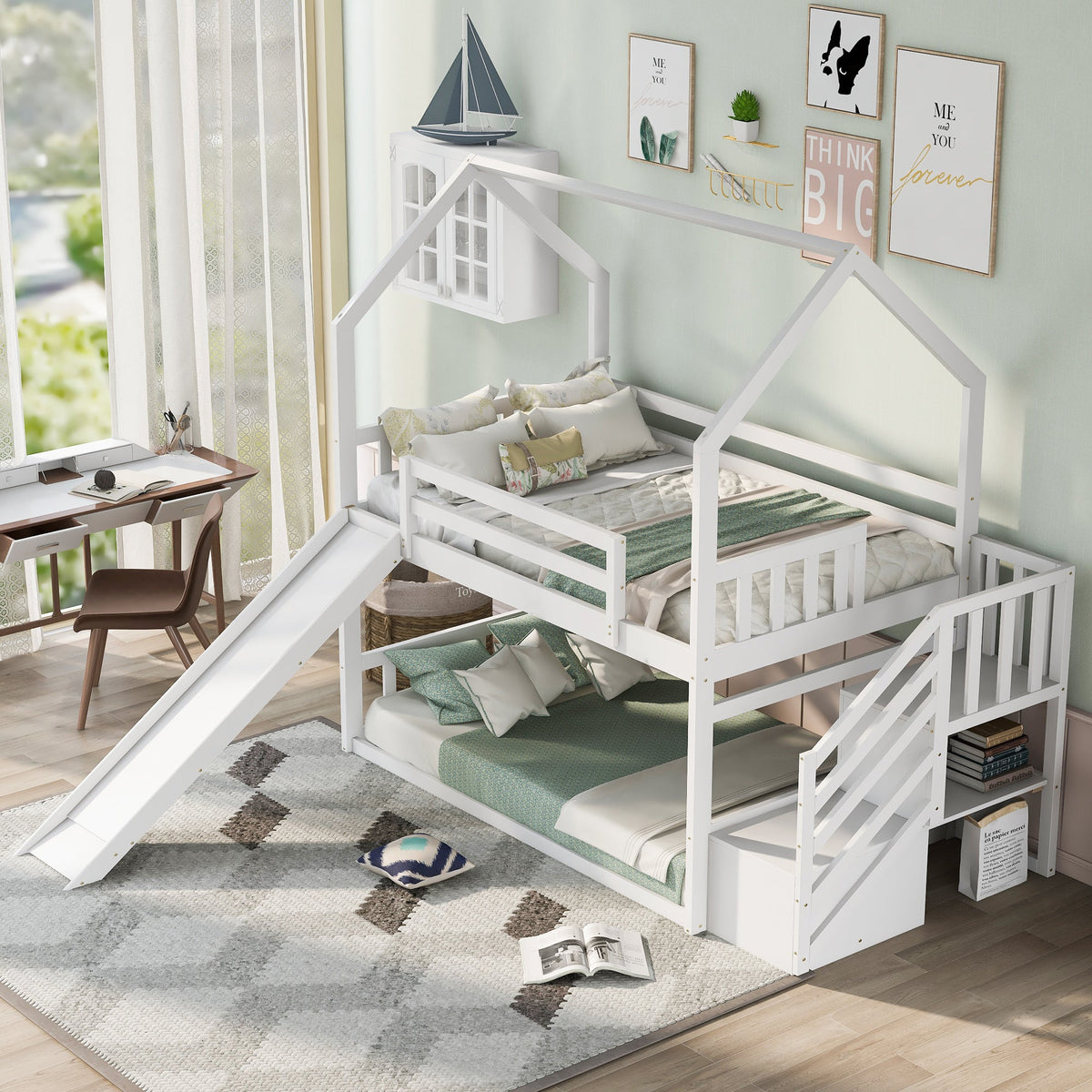 Twin Over Twin Bunk Bed with Slide and Storage Stairs