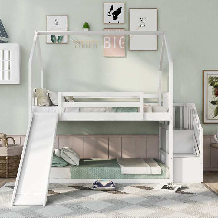 Twin Over Twin Bunk Bed with Slide and Storage Stairs