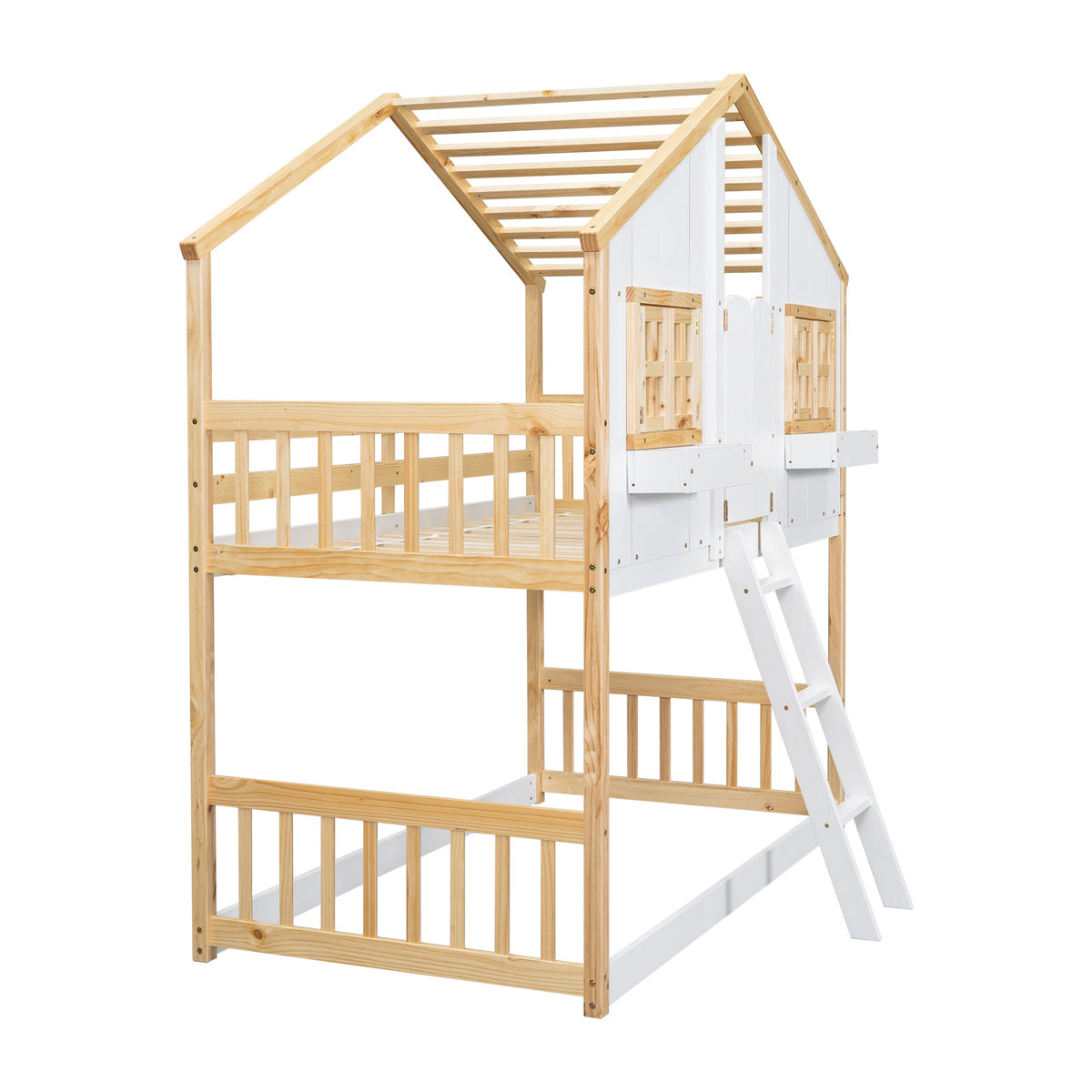 Twin Over Twin Playhouse Bunk Bed with Guardrails and Ladder