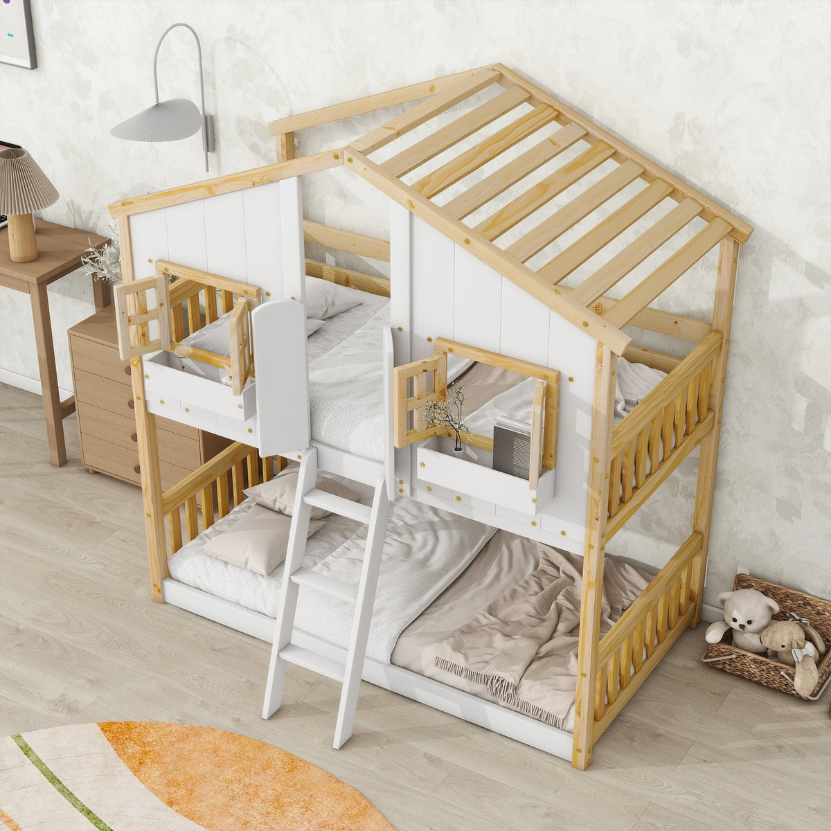Twin Over Twin Playhouse Bunk Bed with Guardrails and Ladder