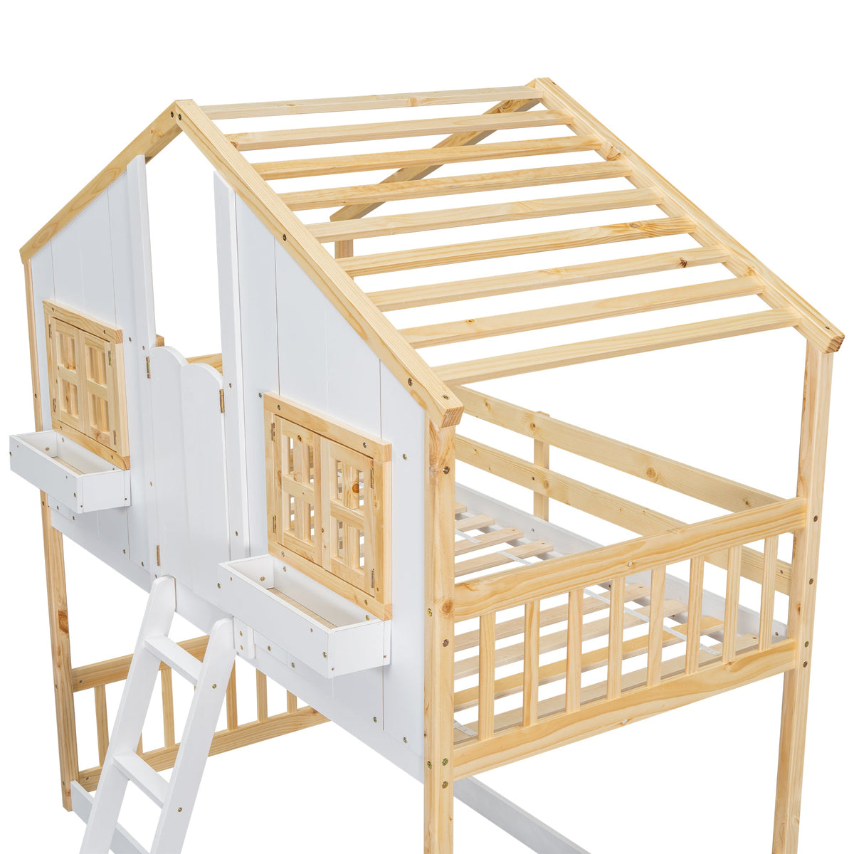 Twin Over Twin Playhouse Bunk Bed with Guardrails and Ladder