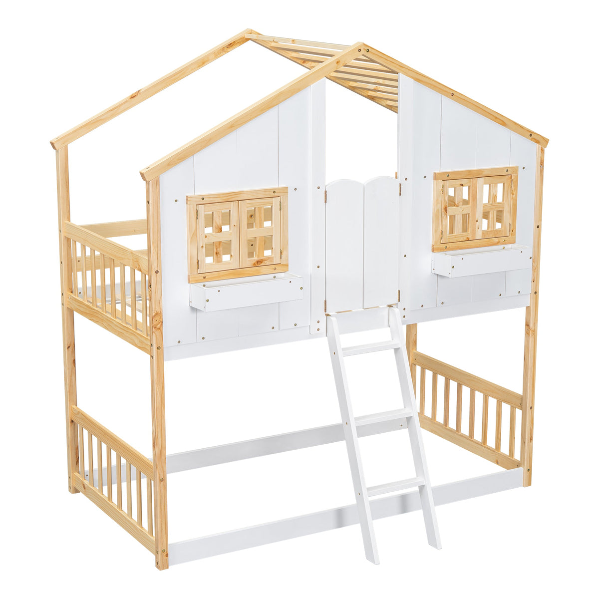 Twin Over Twin Playhouse Bunk Bed with Guardrails and Ladder