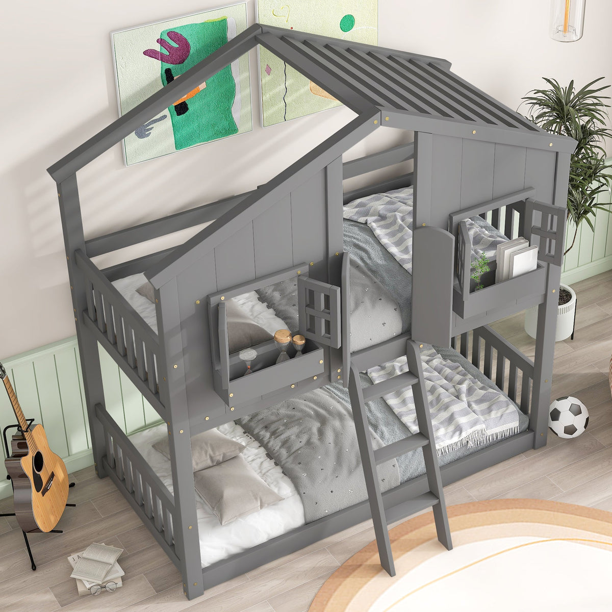 Twin Over Twin House Bunk Bed with Guardrails & Ladder