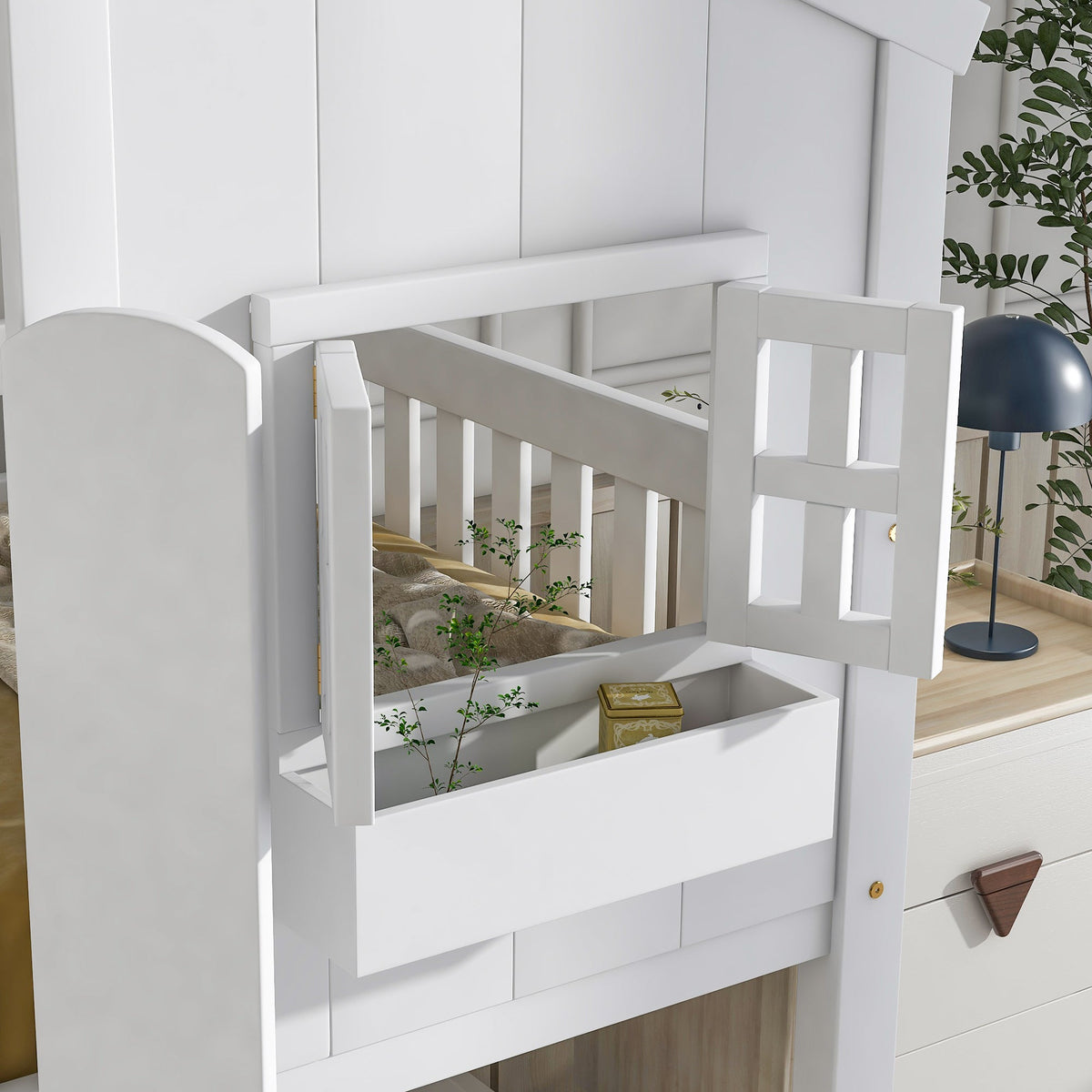 Twin Over Twin Playhouse Bunk Bed with Guardrails and Ladder