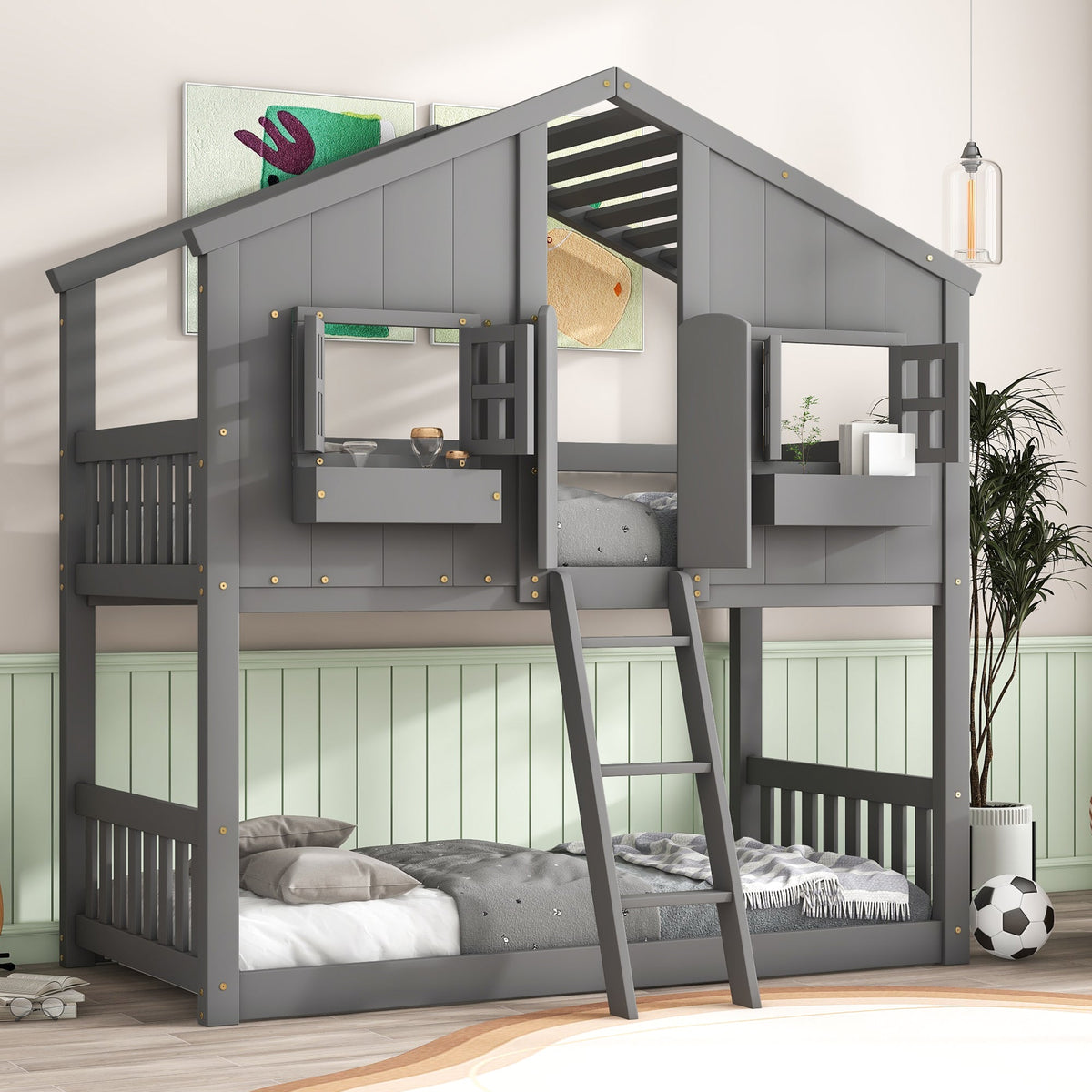 Twin Over Twin House Bunk Bed with Guardrails & Ladder