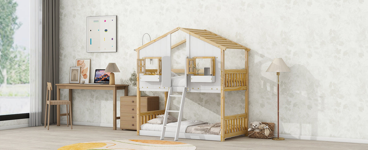 Twin Over Twin Playhouse Bunk Bed with Guardrails and Ladder