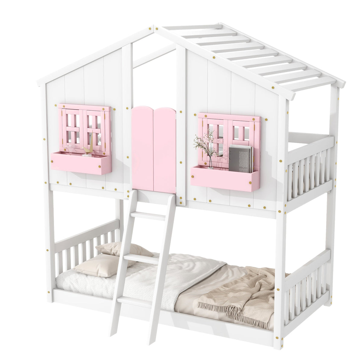 Twin Over Twin Bunk Bed for Kids with Guardrails and Ladder