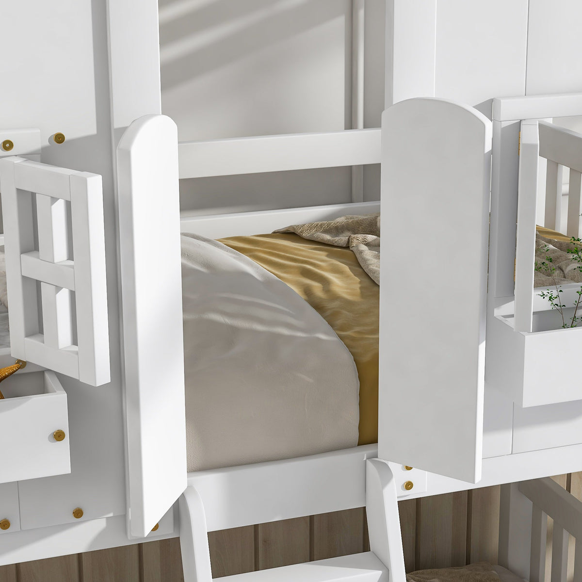 Twin Over Twin Playhouse Bunk Bed with Guardrails and Ladder