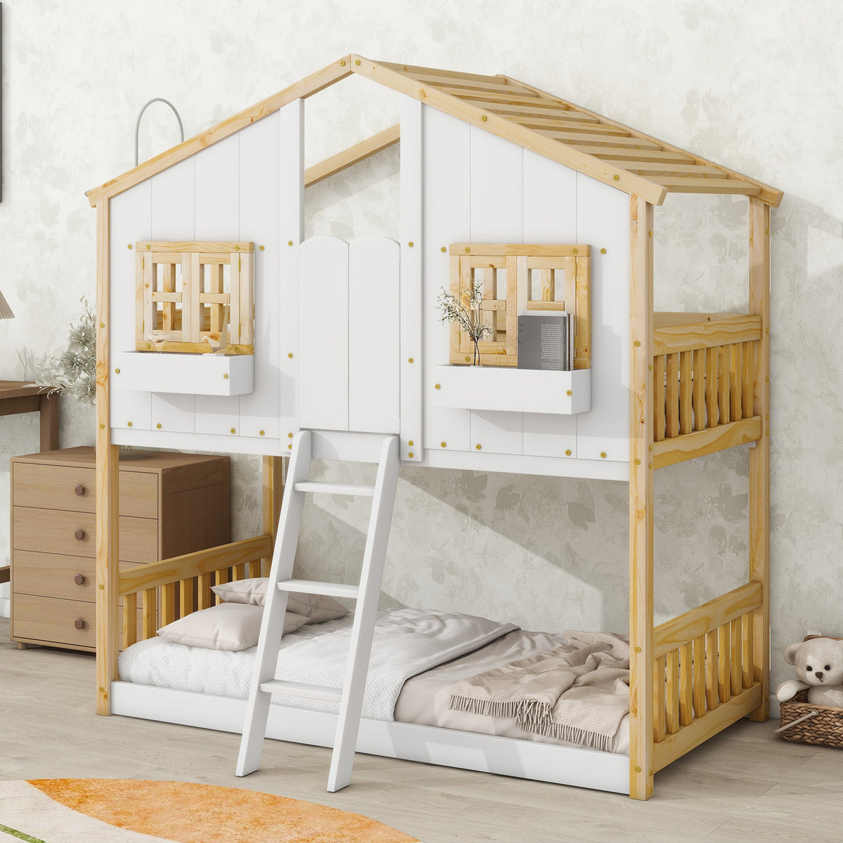 Twin Over Twin Playhouse Bunk Bed with Guardrails and Ladder