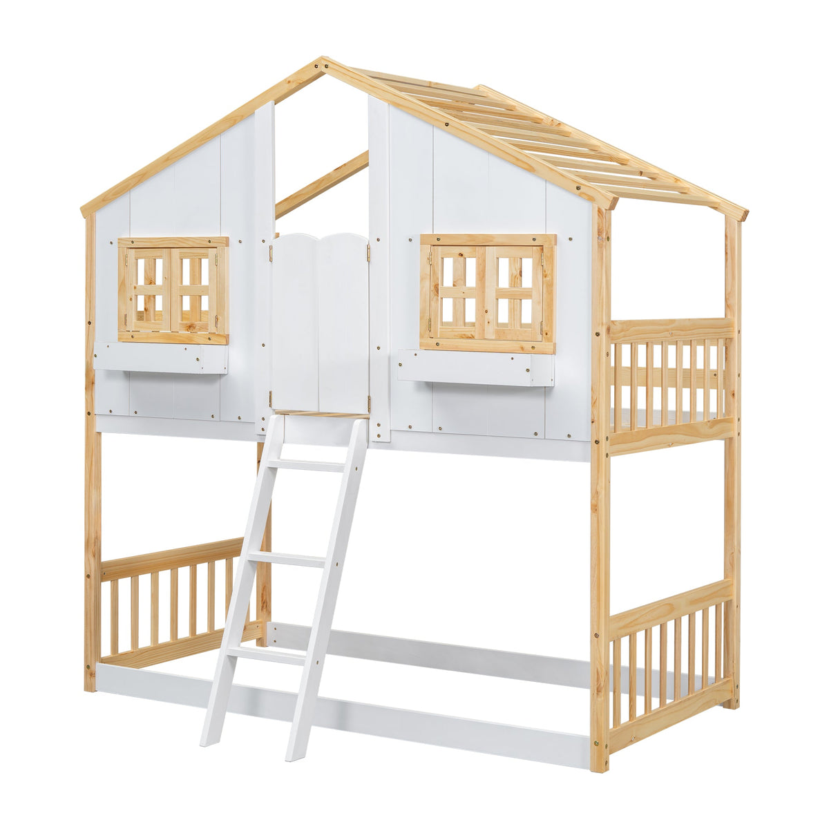 Twin Over Twin Playhouse Bunk Bed with Guardrails and Ladder