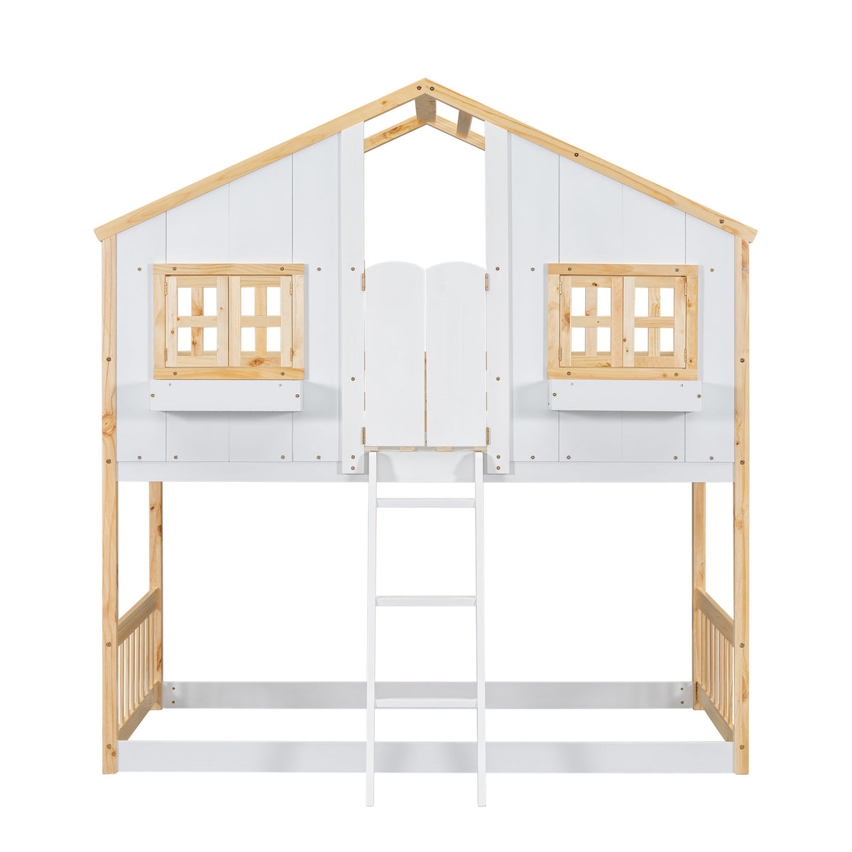 Twin Over Twin Playhouse Bunk Bed with Guardrails and Ladder