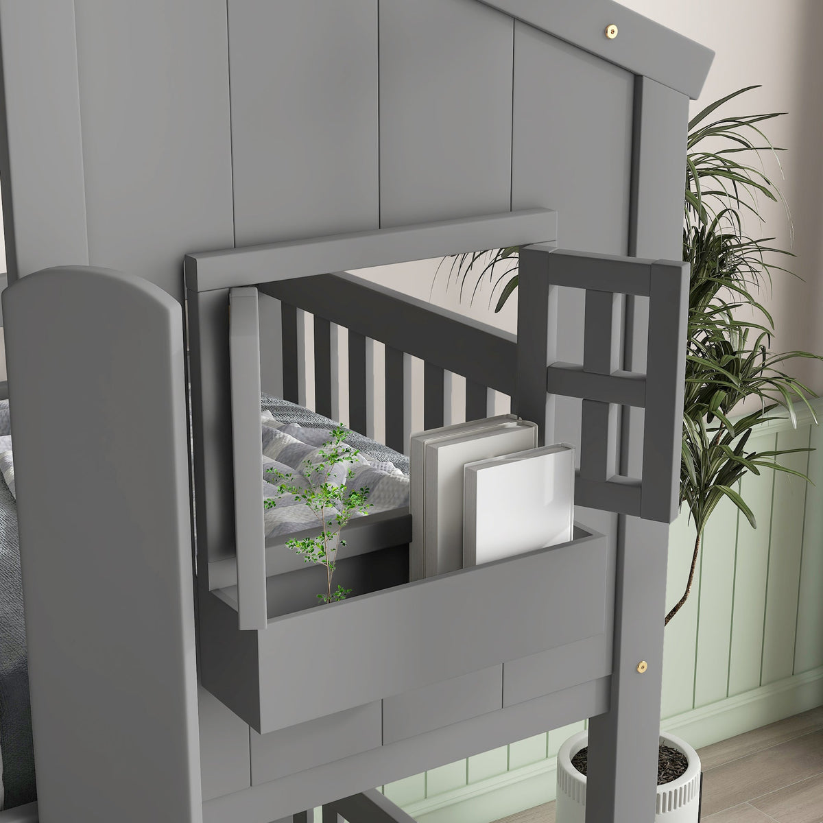 Twin Over Twin House Bunk Bed with Guardrails & Ladder