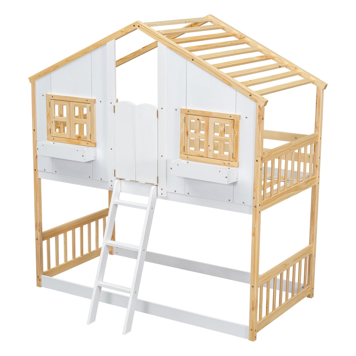 Twin Over Twin Playhouse Bunk Bed with Guardrails and Ladder