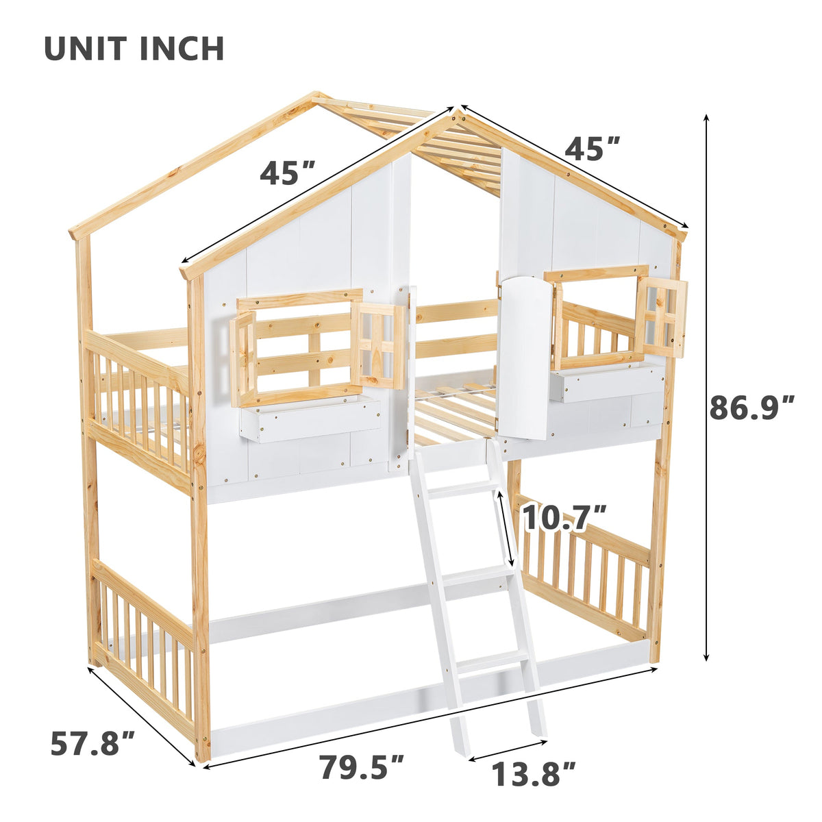Twin Over Twin Playhouse Bunk Bed with Guardrails and Ladder