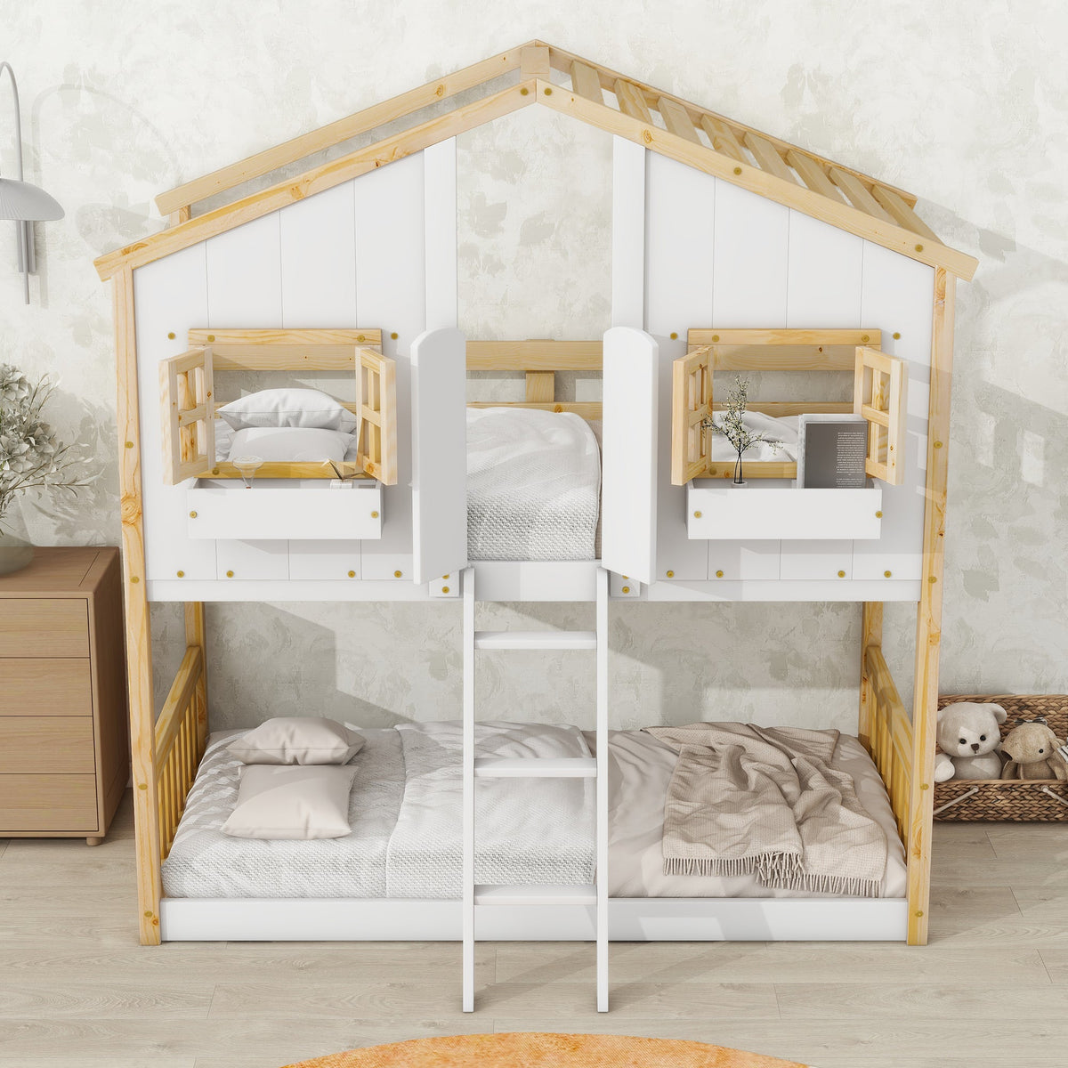 Twin Over Twin Playhouse Bunk Bed with Guardrails and Ladder