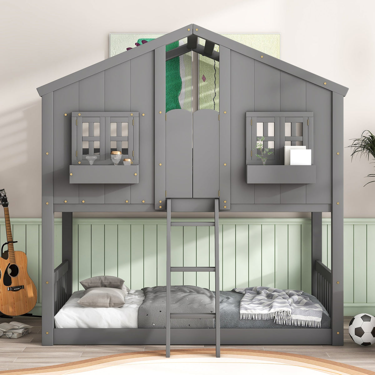 Twin Over Twin House Bunk Bed with Guardrails & Ladder
