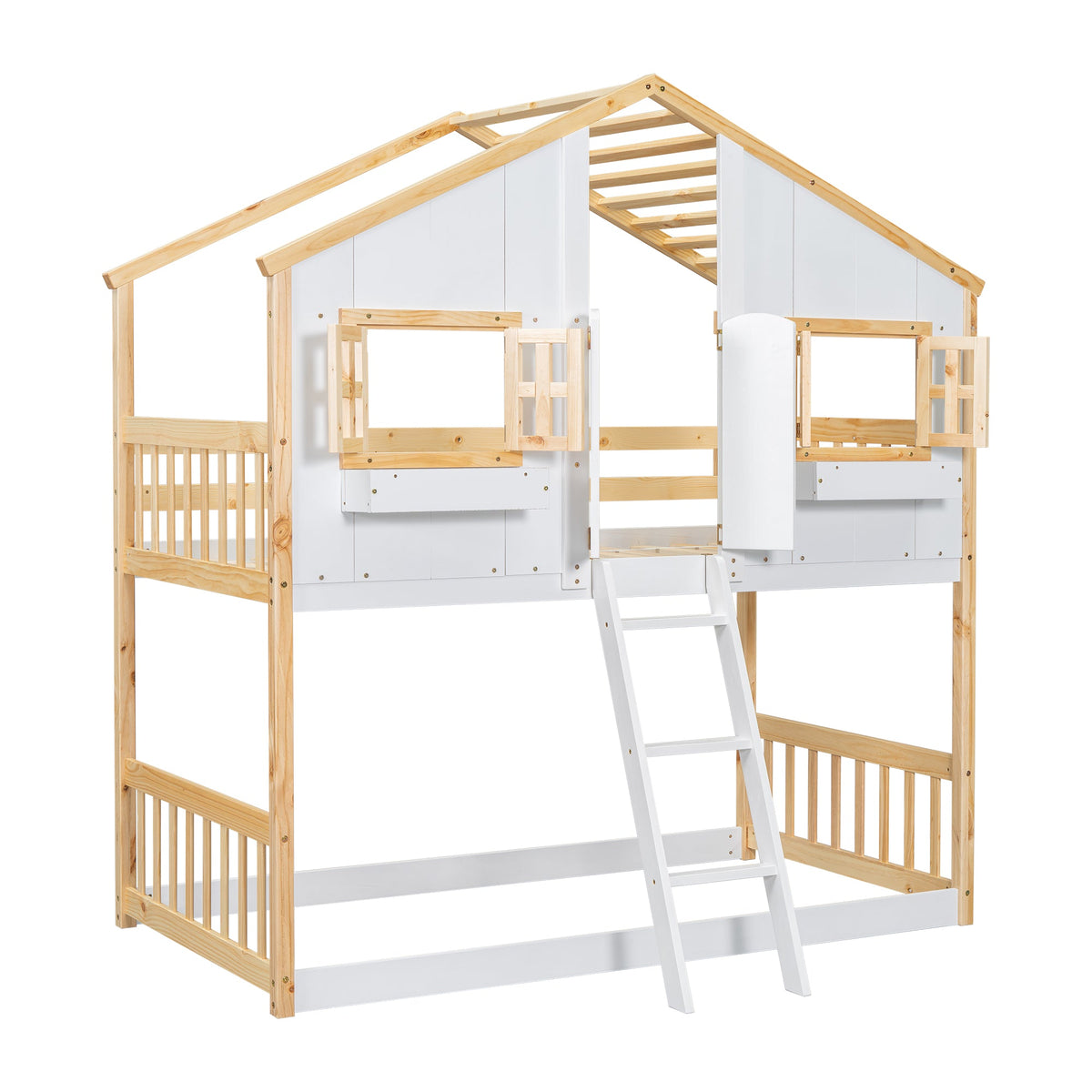 Twin Over Twin Playhouse Bunk Bed with Guardrails and Ladder