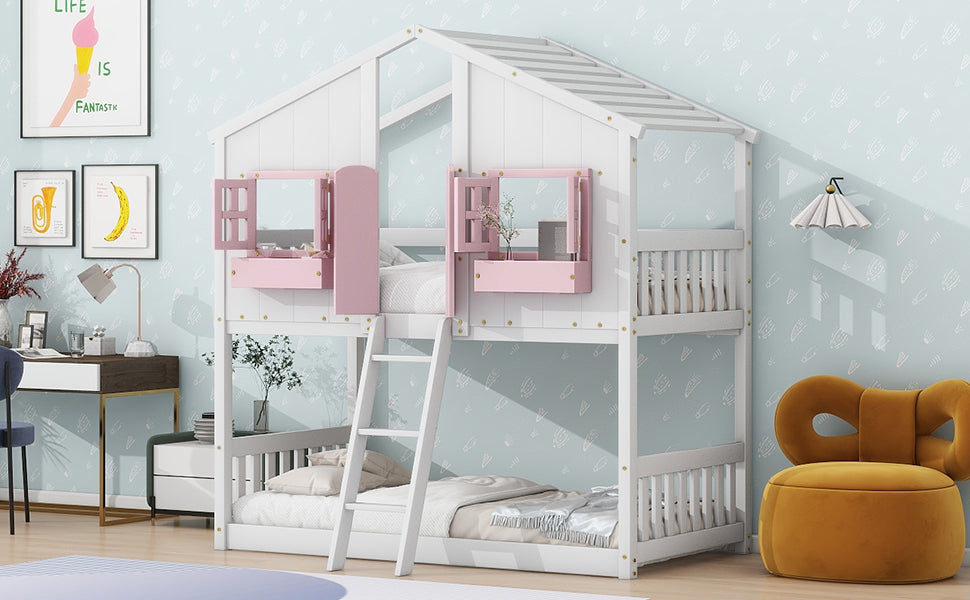 Twin Over Twin Bunk Bed for Kids with Guardrails and Ladder
