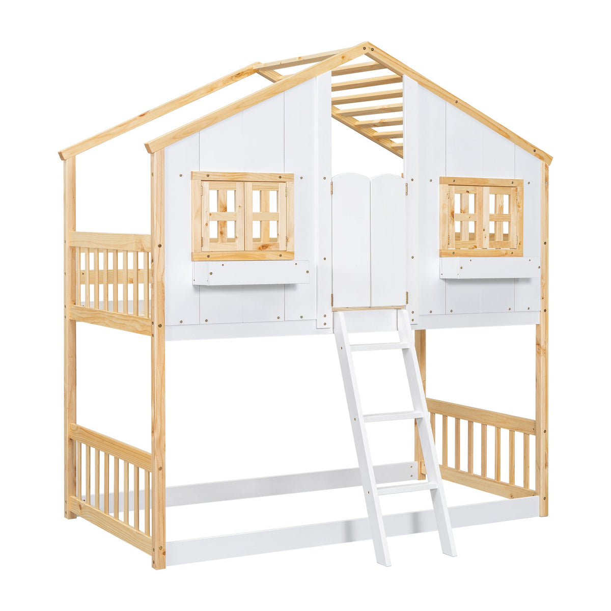 Twin Over Twin Playhouse Bunk Bed with Guardrails and Ladder
