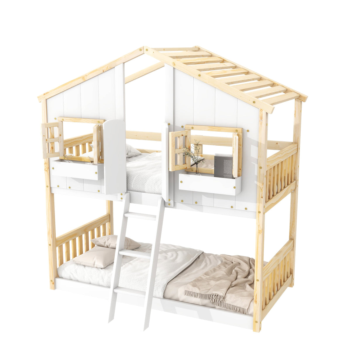 Twin Over Twin Playhouse Bunk Bed with Guardrails and Ladder